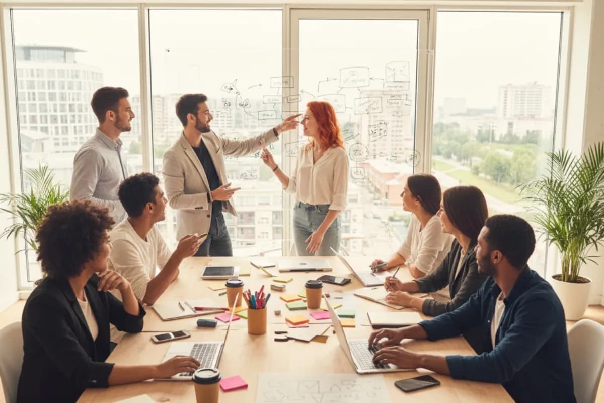 Concept illustration showing Prozensoft Technologies team conducting office meetings for planning and collaboration