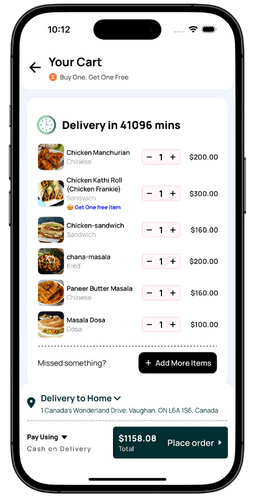 Screenshot of the cart management interface in the ProzenEats restaurant app displaying selected food items and order details