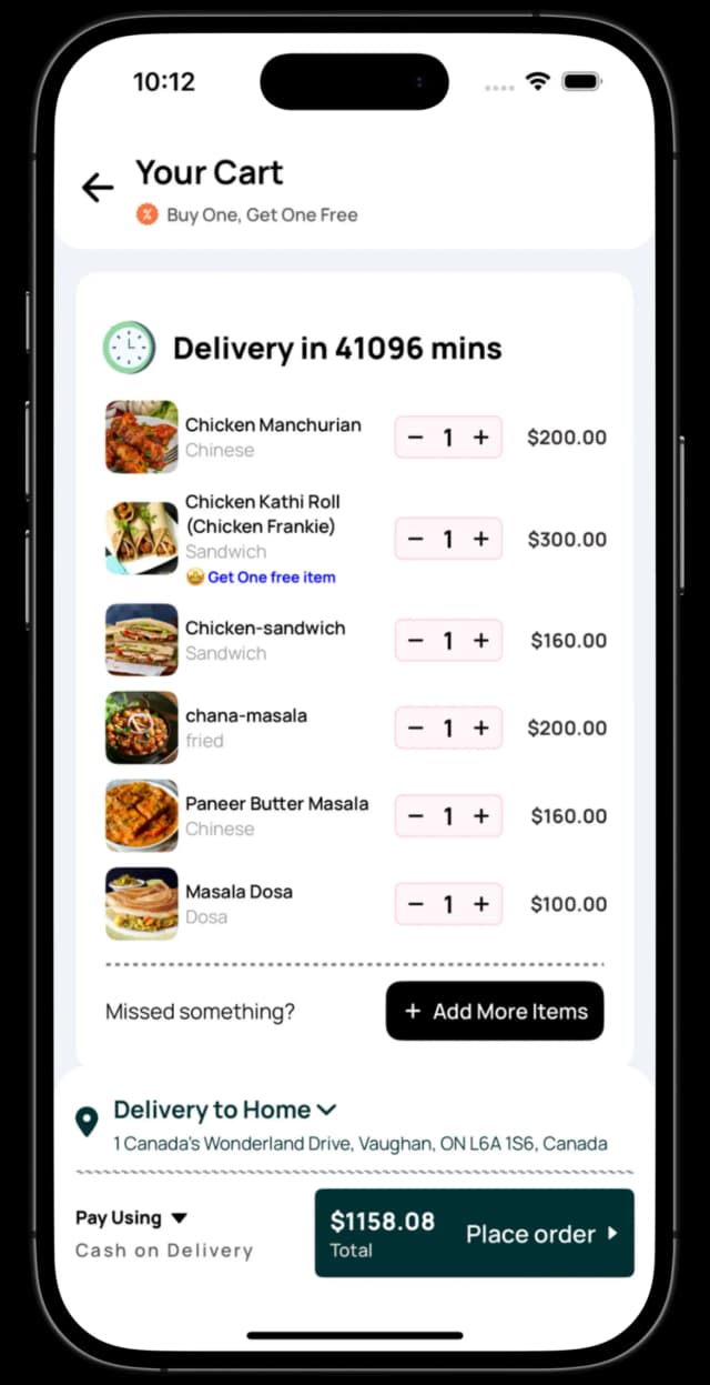Screenshots of the ProzenEats app displaying restaurant menus, order placement, and delivery tracking
