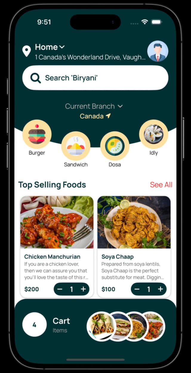 Screenshots of the ProzenEats app displaying restaurant menus, order placement, and delivery tracking