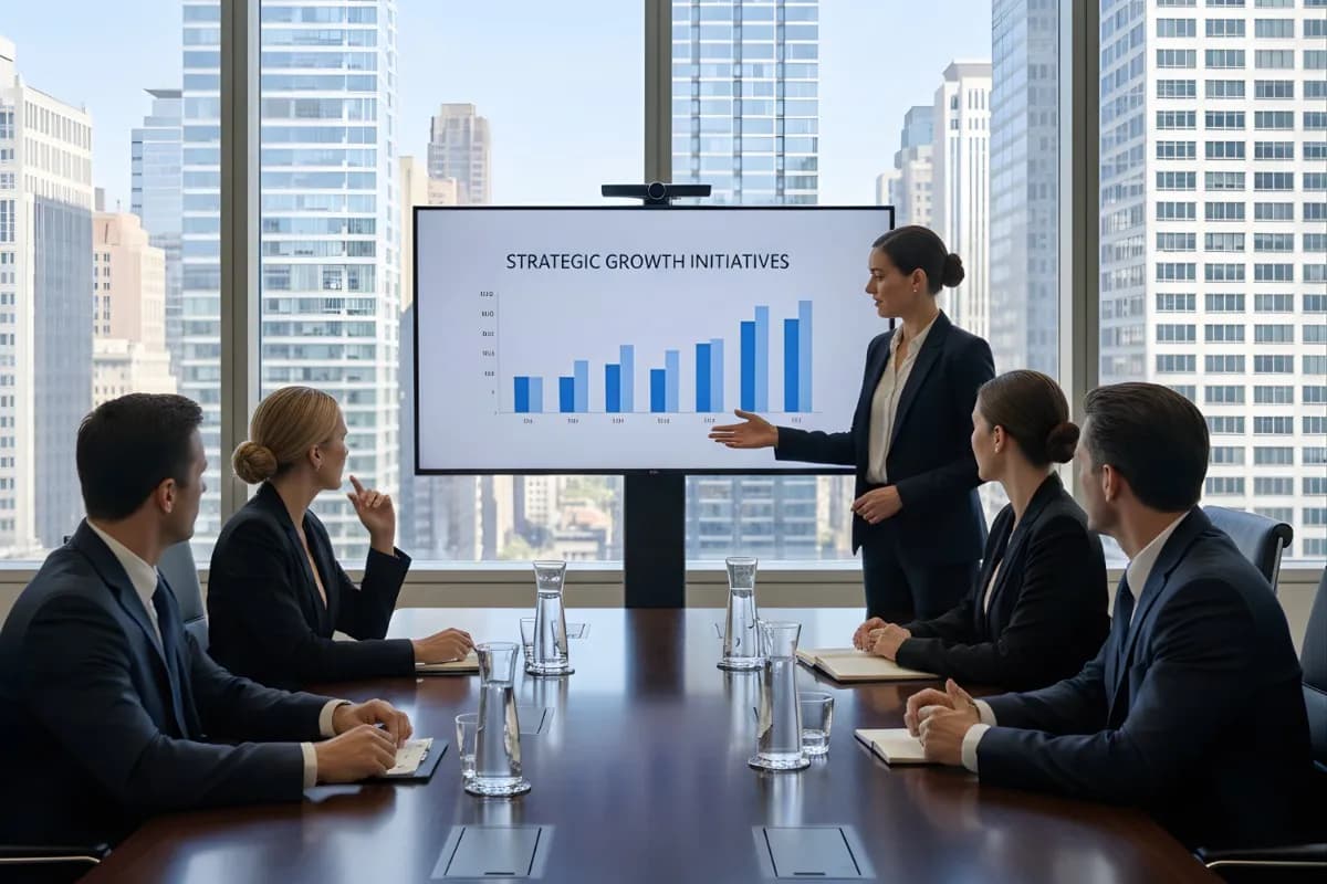 Illustration showing a team meeting and strategic planning for client project growth