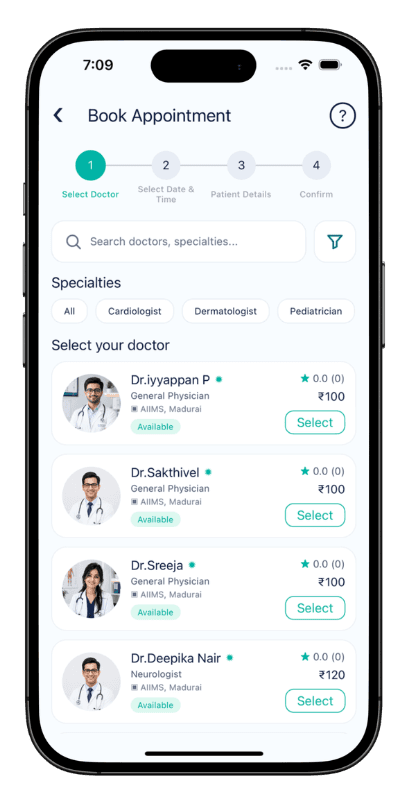 Healthcare app development patient home screen showing available doctors