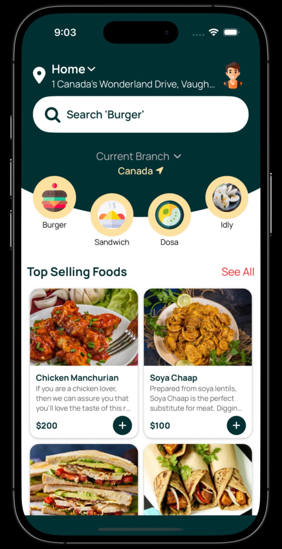 Prozen Eats food delivery application home screen