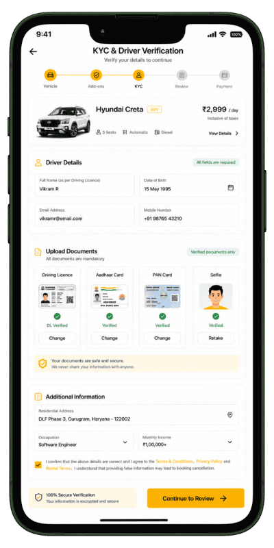 Car Rental Booking KYC Car rental management software customer KYC verification screen
