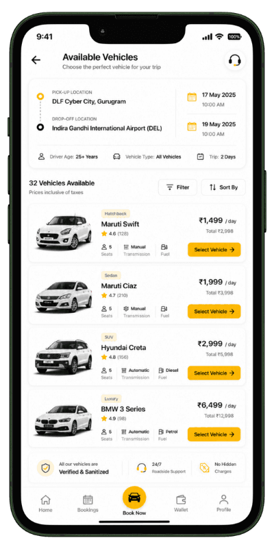 Search available rental vehicles Vehicle rental software search results screen