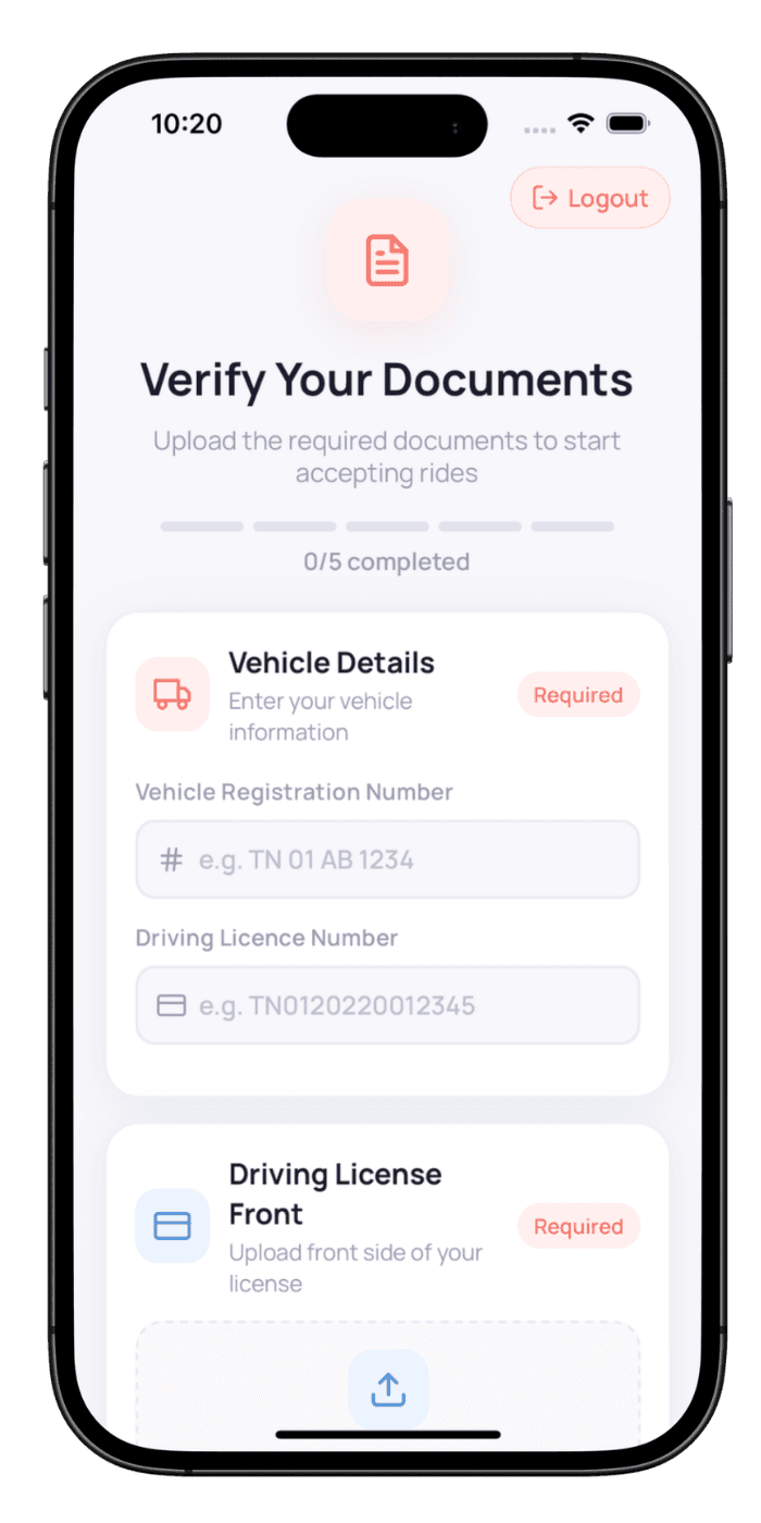 Grocery App Development β Agent Verification Grocery delivery agent document verification screen