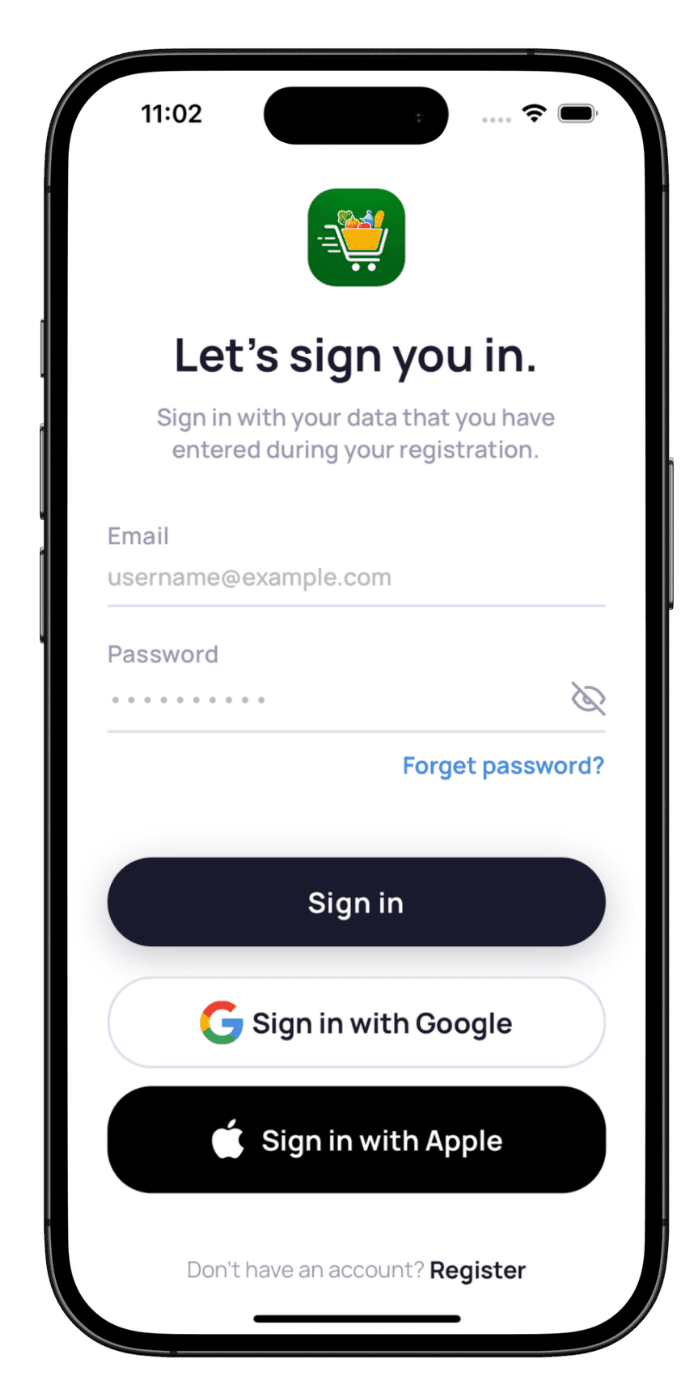 Grocery App Development β Login Grocery delivery app user login screen