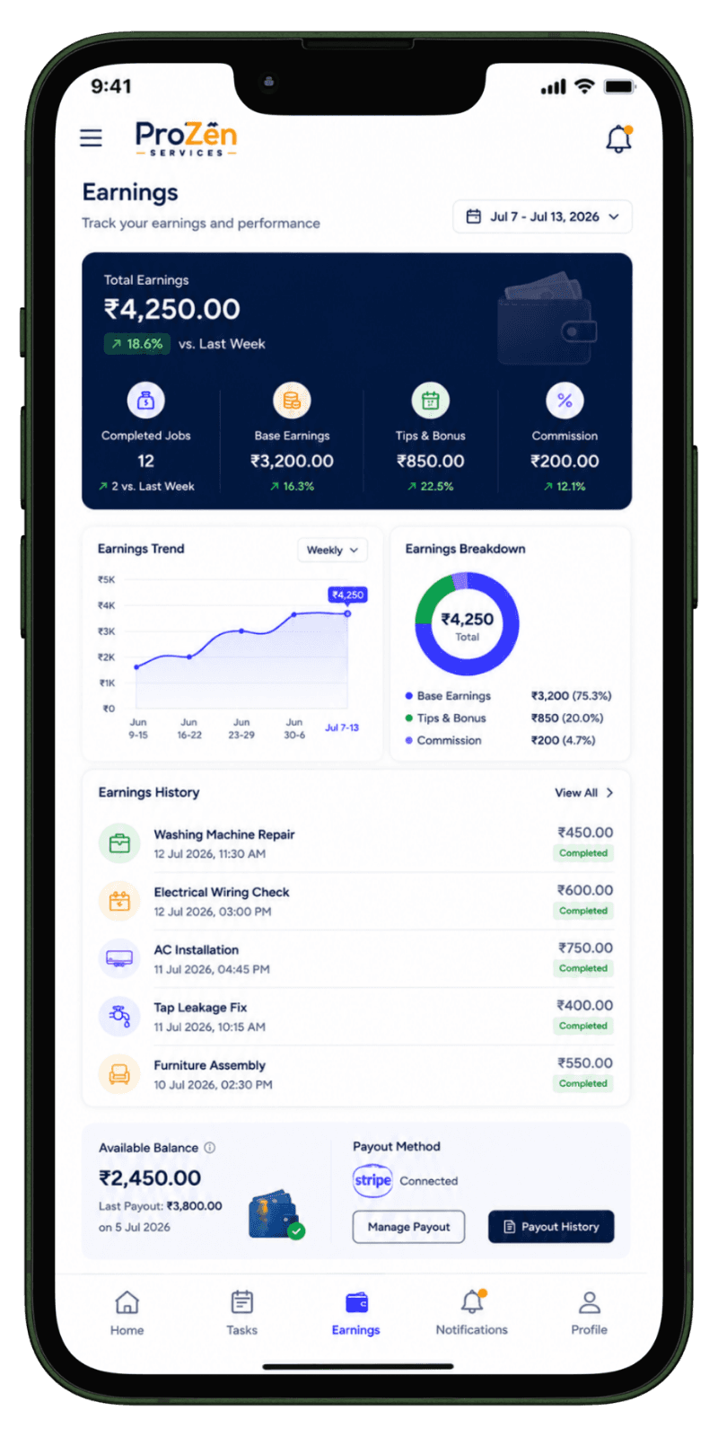 Home service partner application Service partner app dashboard for assigned home service tasks