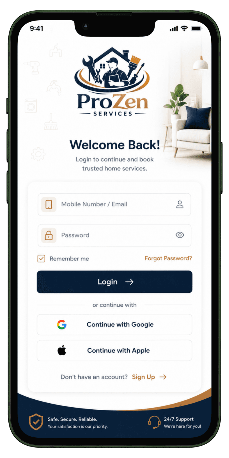 Secure Customer and Partner Login Secure login screen for home services application