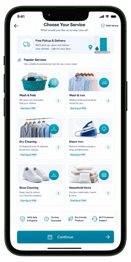 Prozen Wash customer application screen