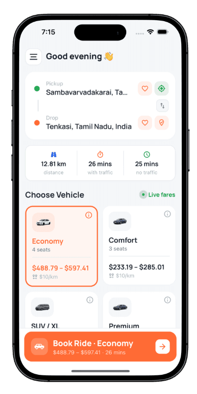 Prozen Rides taxi booking application home screen